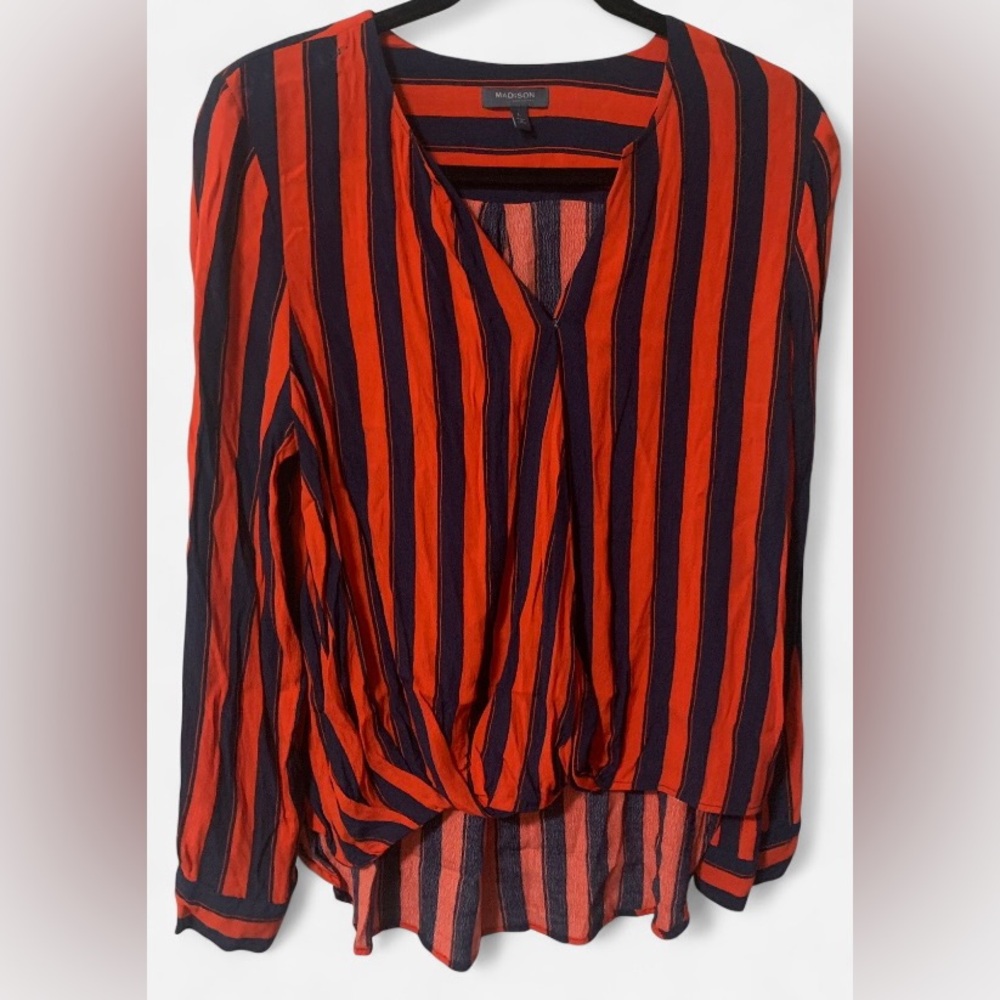 Madison Red and Navy Striped V-Neck Blouse